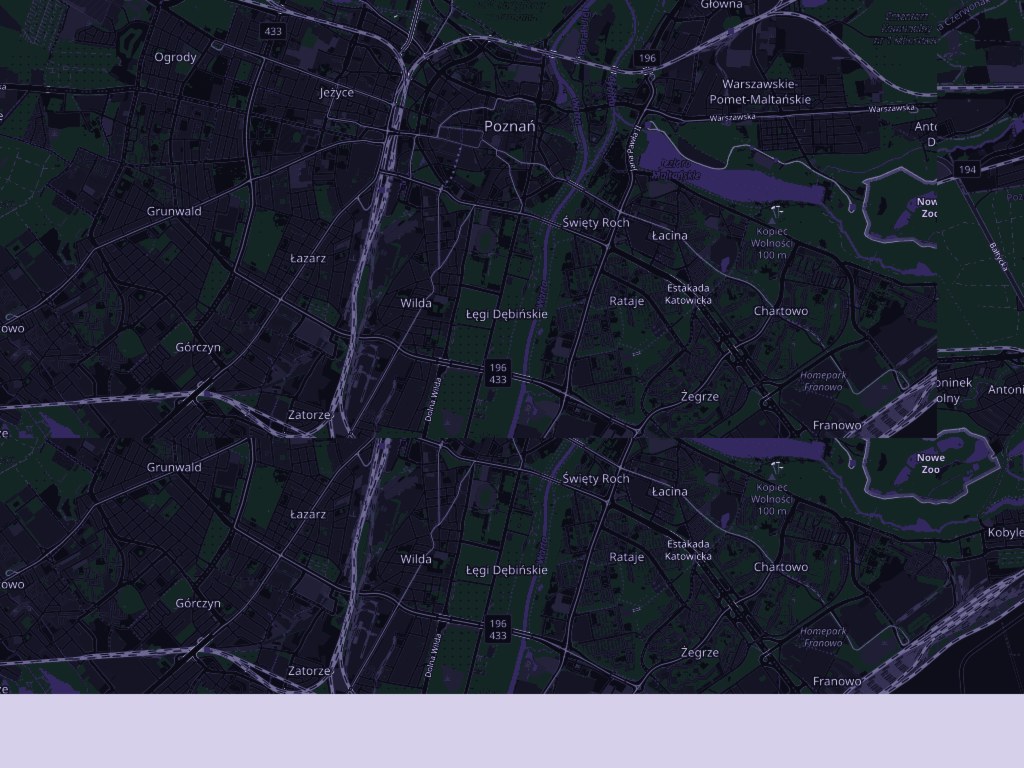 A stylized map of Poznań with highlighted districts